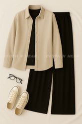 Pair of 3 (beige button down shirt, black inner tshirt and black flapper)women
